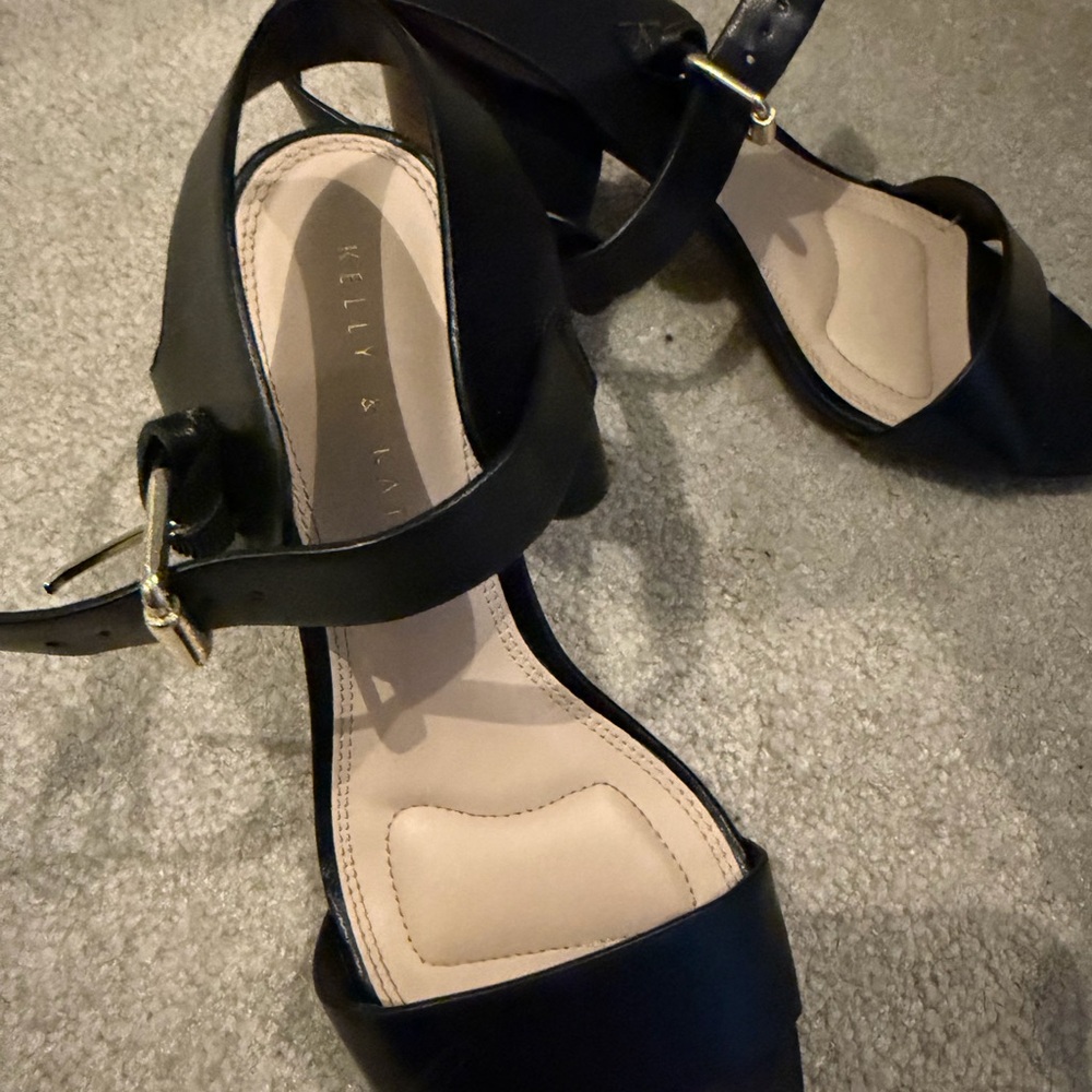 Kelly & Katie Black Ankle-Strap Heels with Gold Buckle